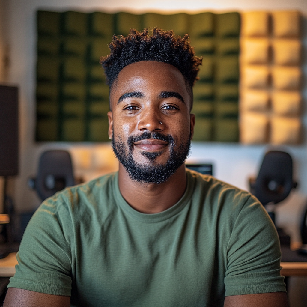 A smiling hipster man in green shirt poses.