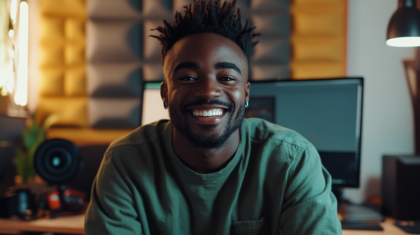 A smiling hipster man in green shirt.