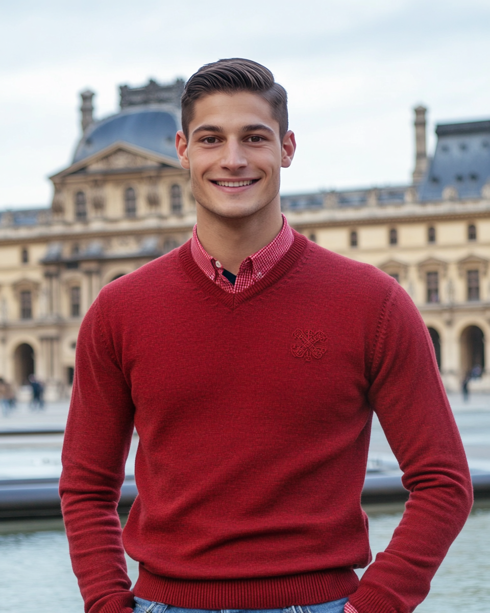 A smiling man in red at the Louvre