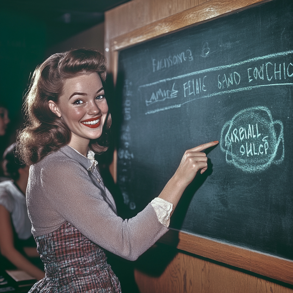 A smiling teacher points at cryptocurrency on chalkboard.