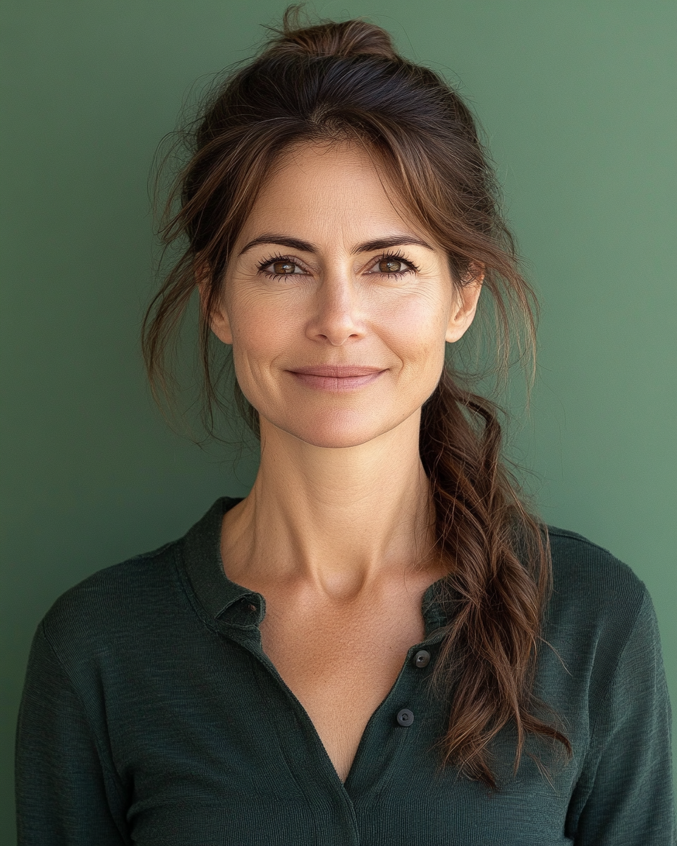 A smiling woman in business attire against green backdrop.