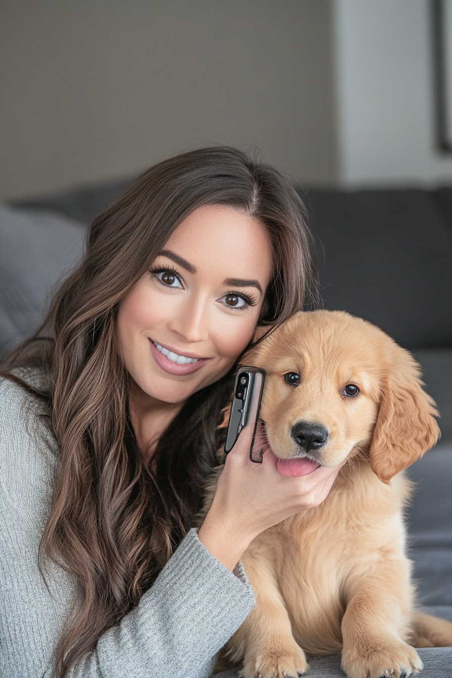 A smiling woman taking selfie with cute puppy