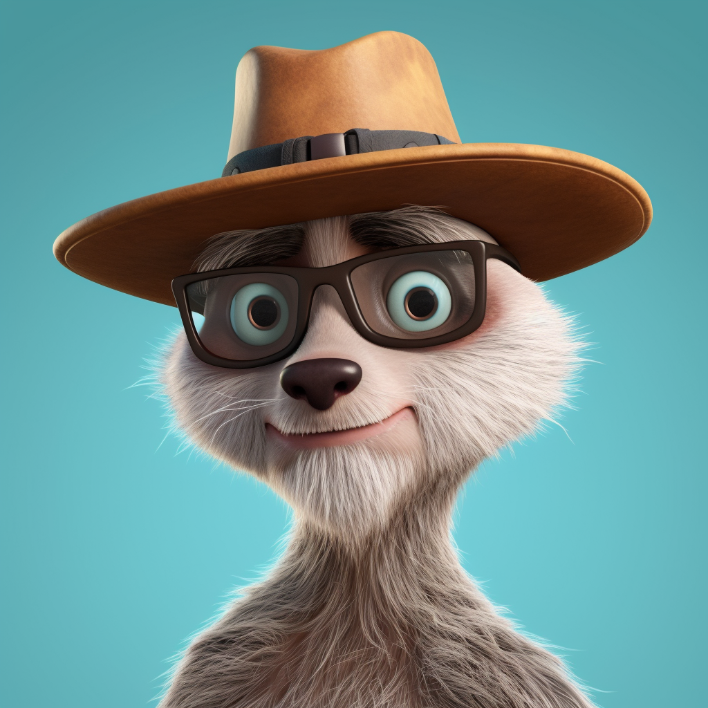 A smirking meerkat with glasses and a hat.