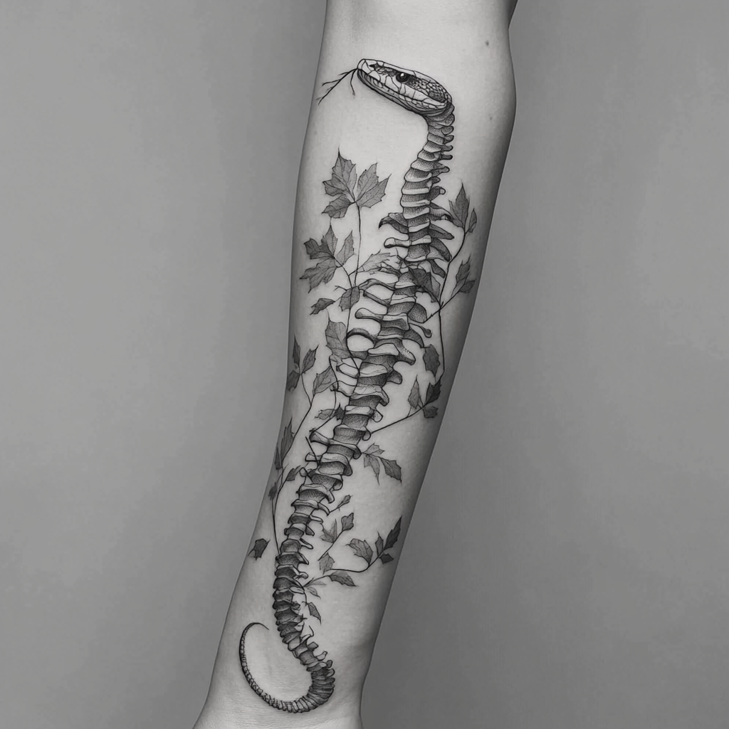 A snake skeleton forearm tattoo with autumn leaves