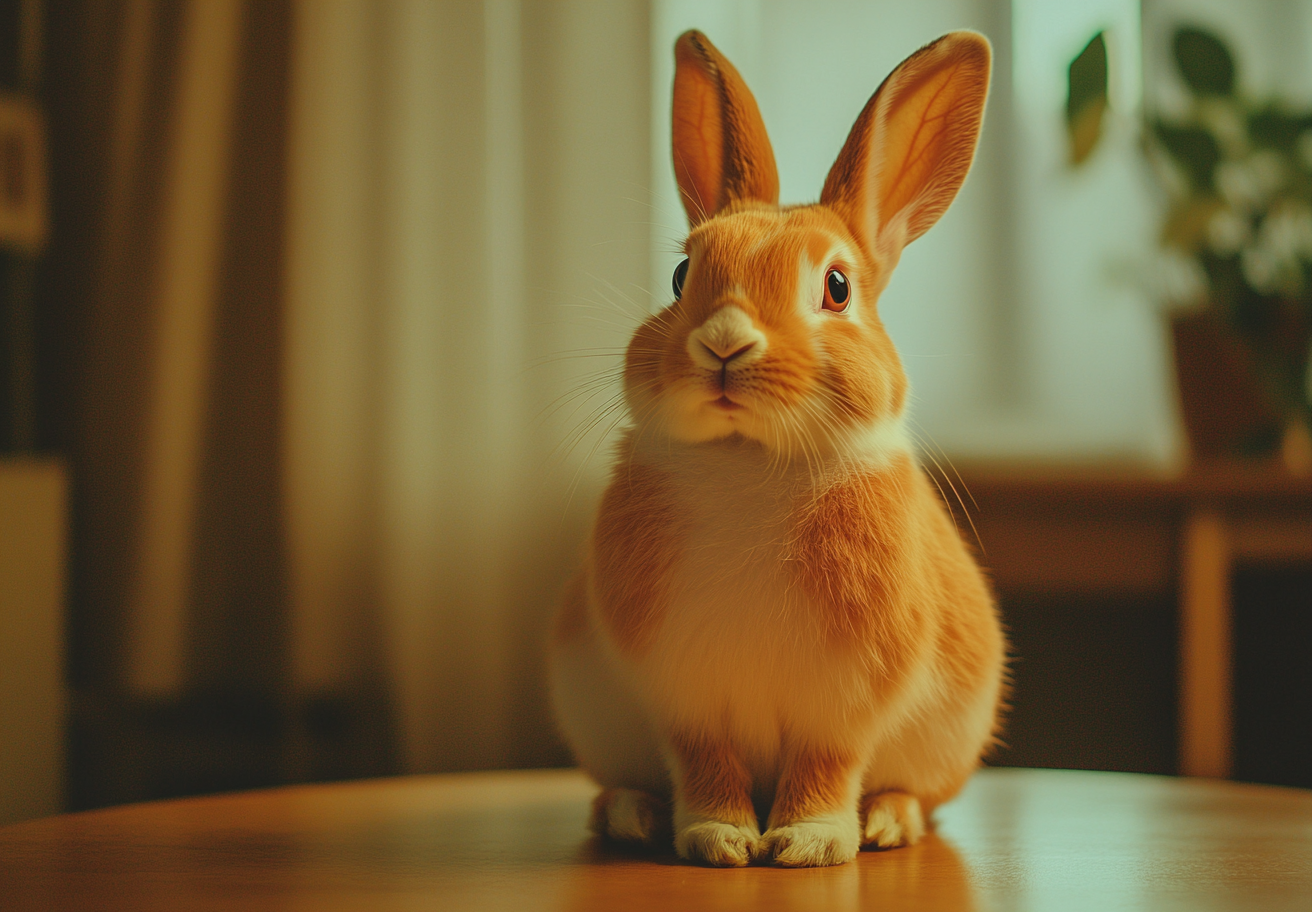 A sneaky rabbit posing for a photo on table