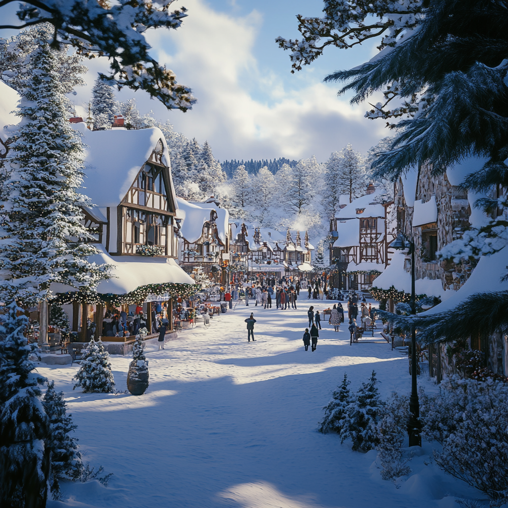 A snowy European town during Christmas festivities