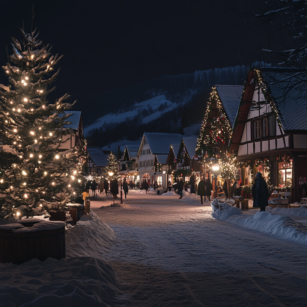 A snowy European village at night with decorations