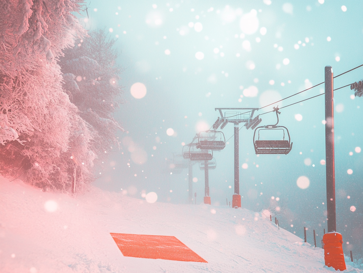 A snowy mountain with ski lift and mist