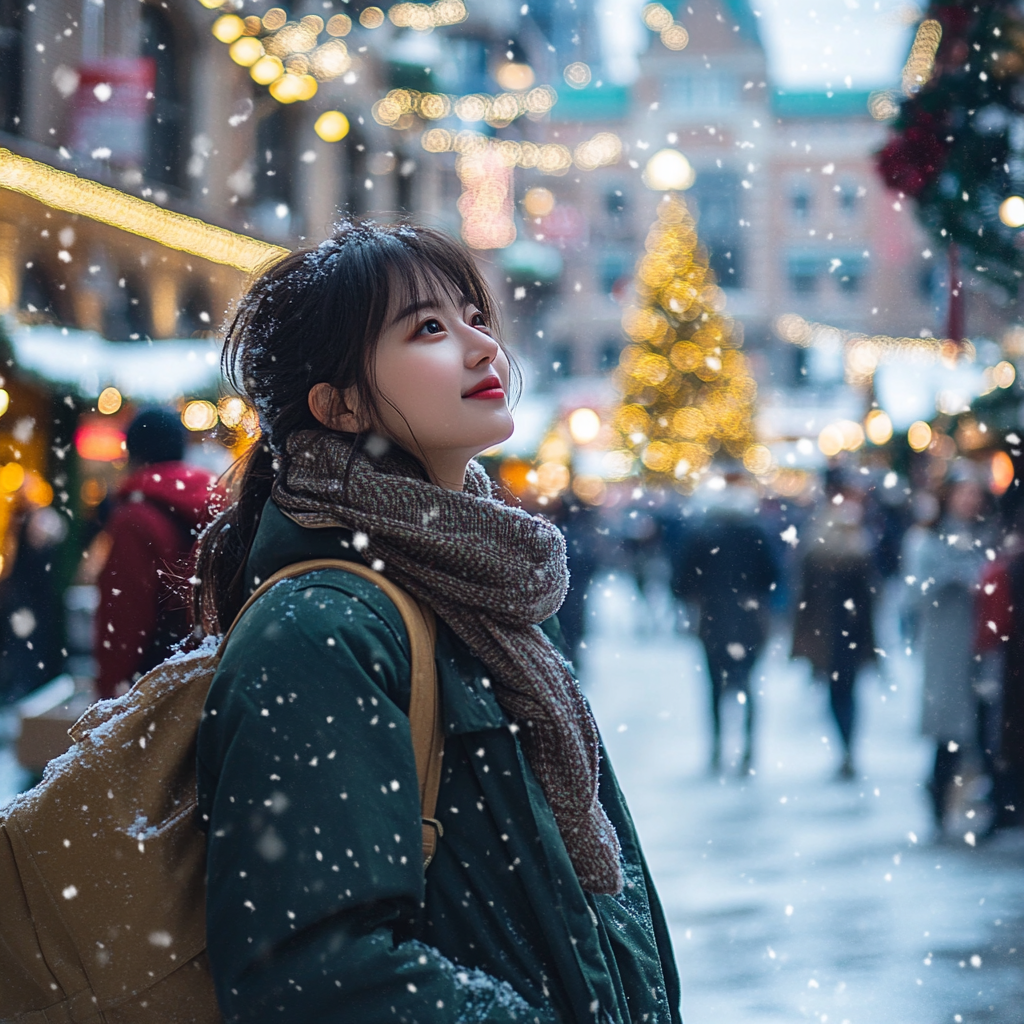 A snowy town with Christmas decorations and people