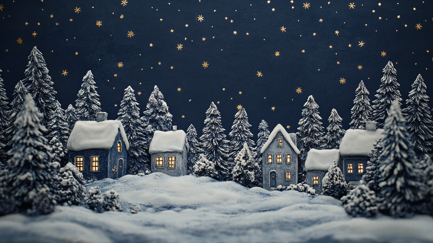 A snowy village with pine trees under starry sky.