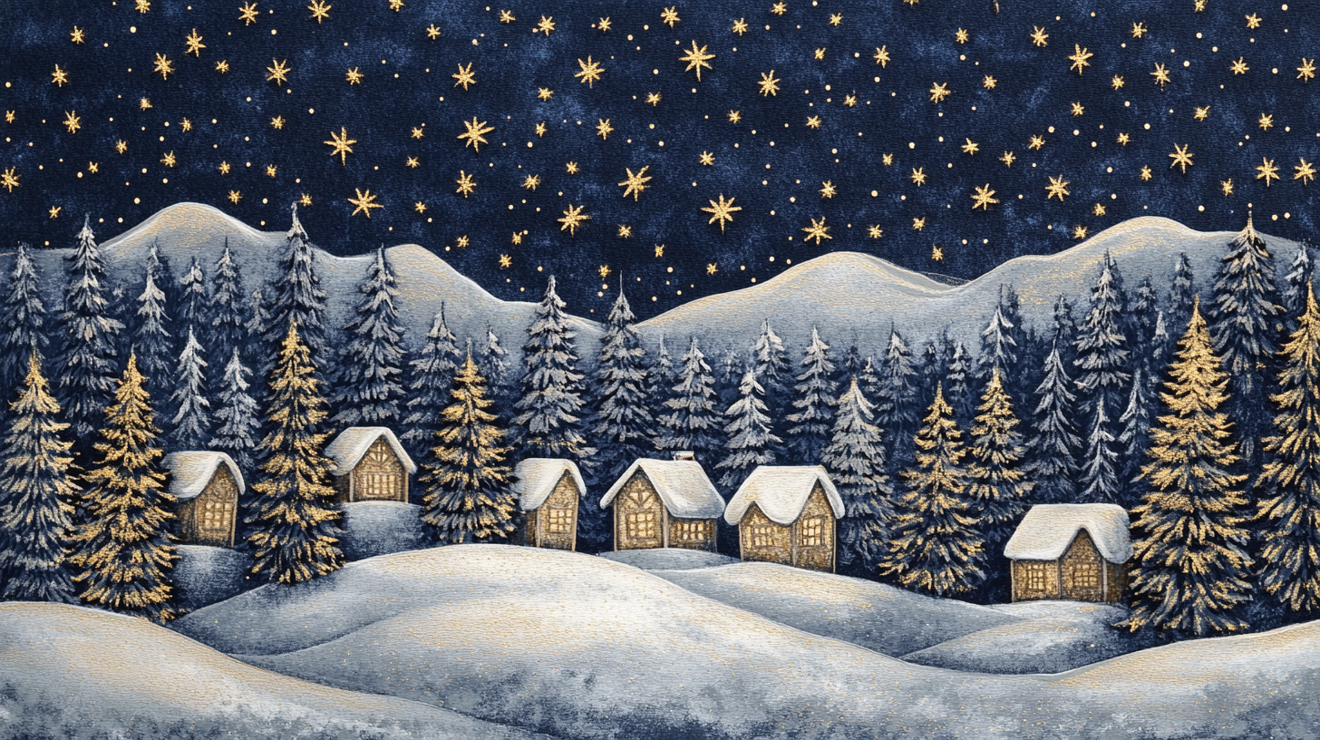 A snowy village with pine trees under stars.