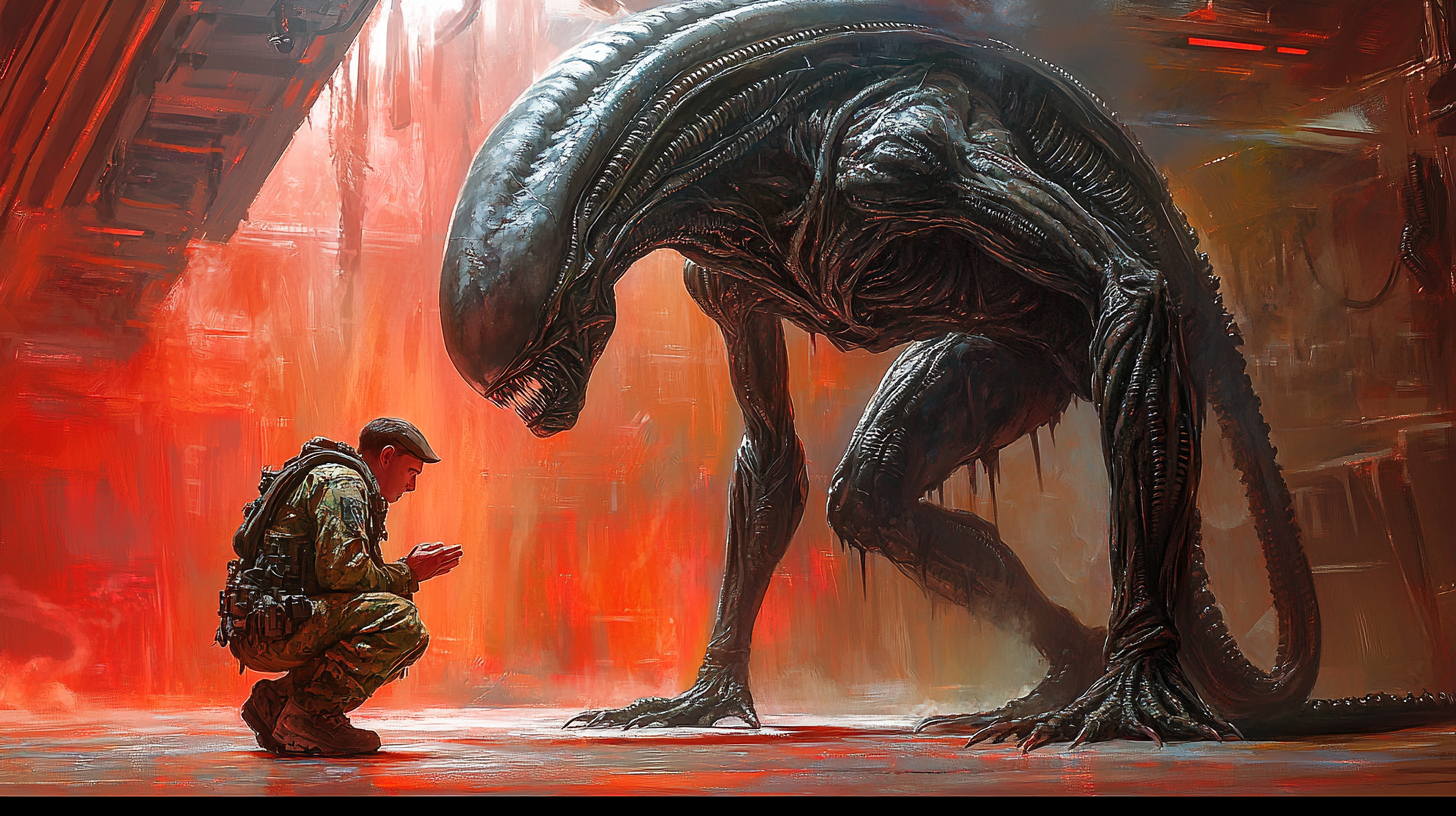 A soldier bowing to giant alien in spaceship.