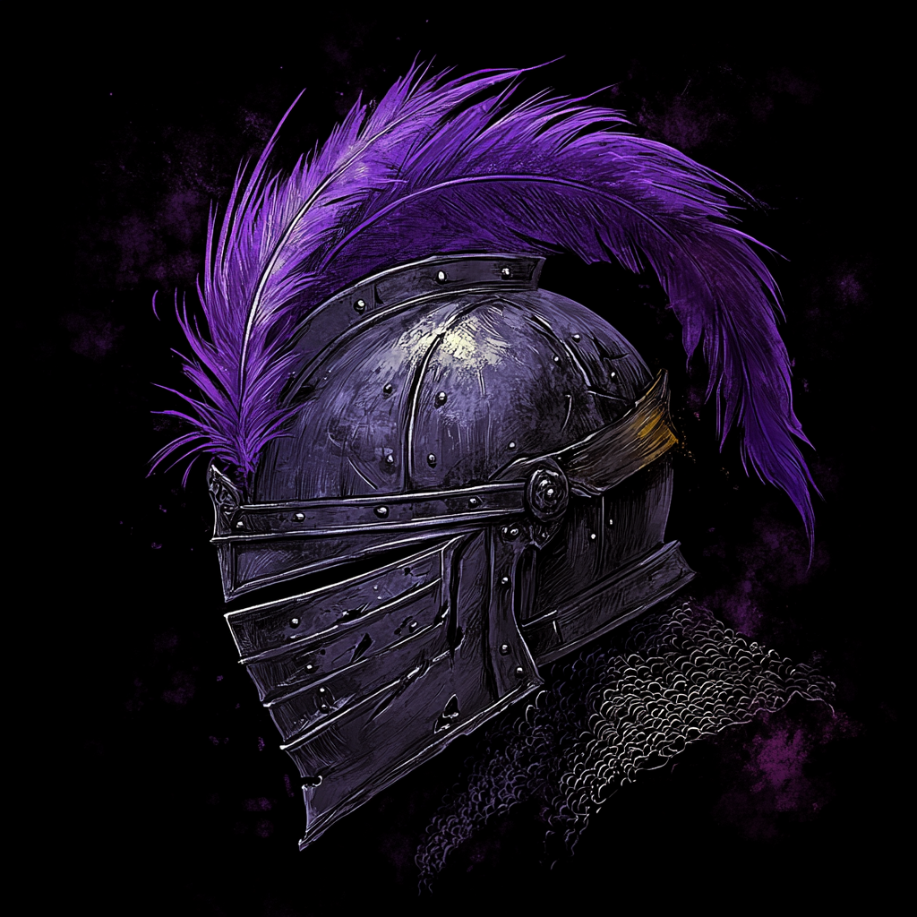 A soldier helmet with purple feather on black.