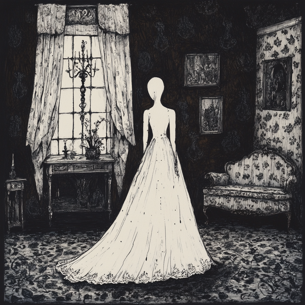 A solitary figure in white, elegant, eerie room.