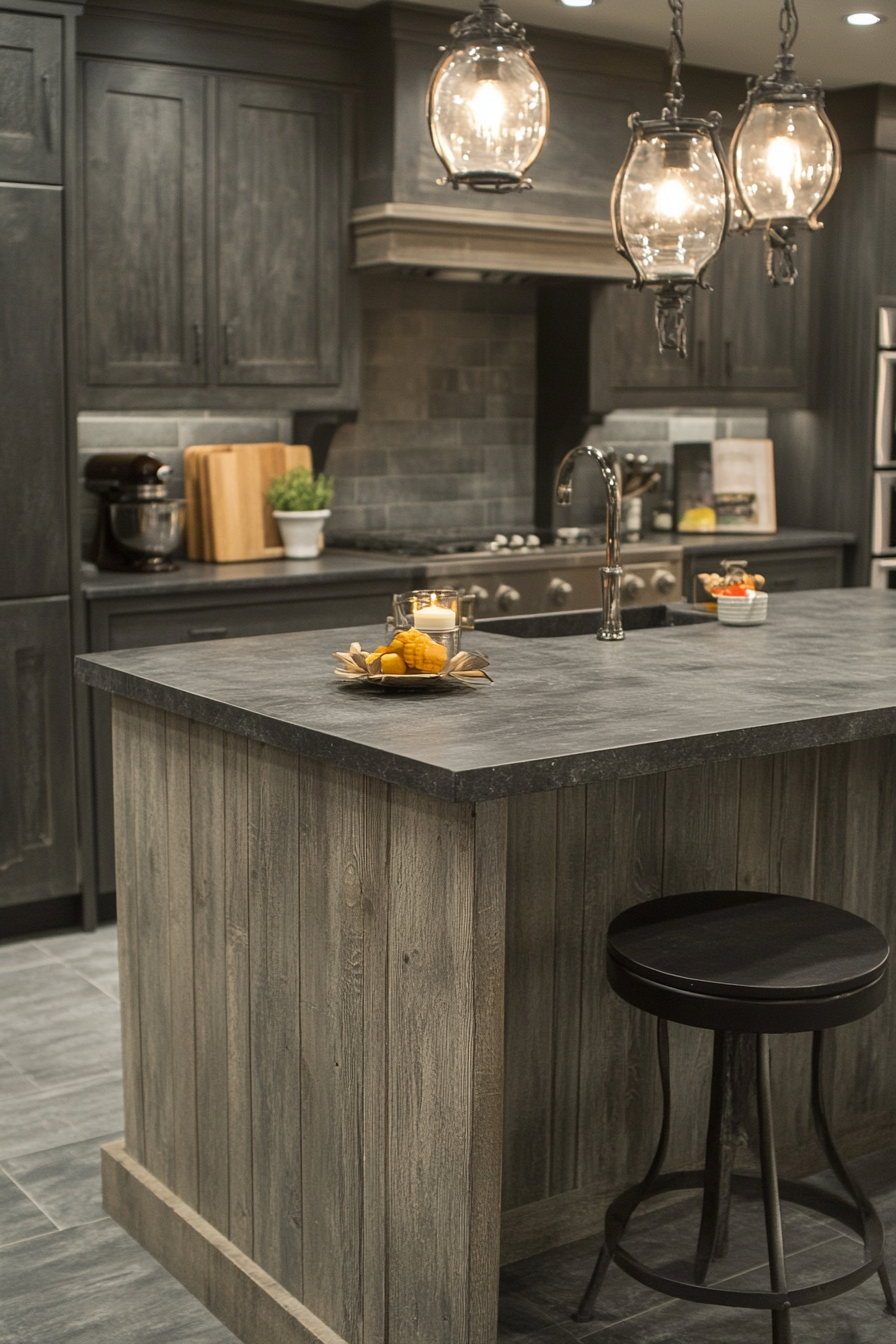 A sophisticated gray kitchen with natural stone vibes.