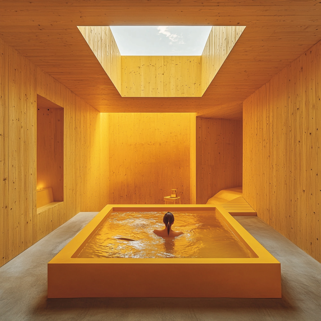 A spa room with wooden walls, skylight, tub, person.