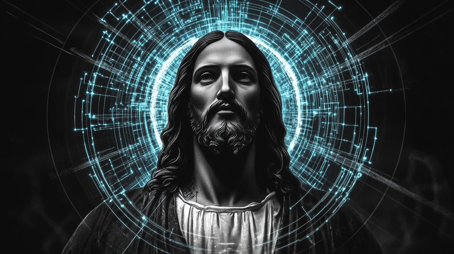 A spiritual halo around Christ with blue circuit