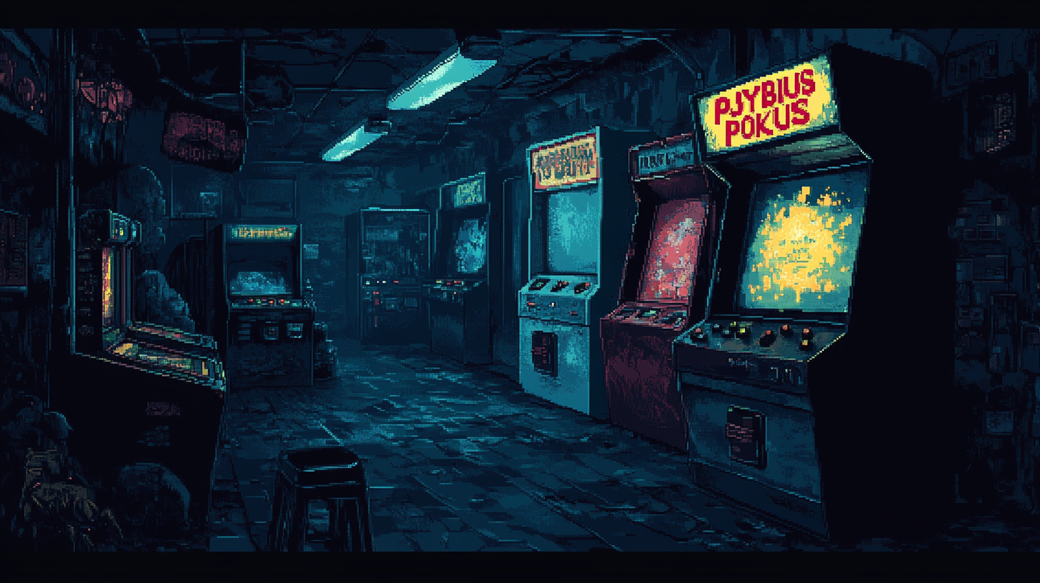 A spooky 80's arcade with Polybius cabinet- 16:9