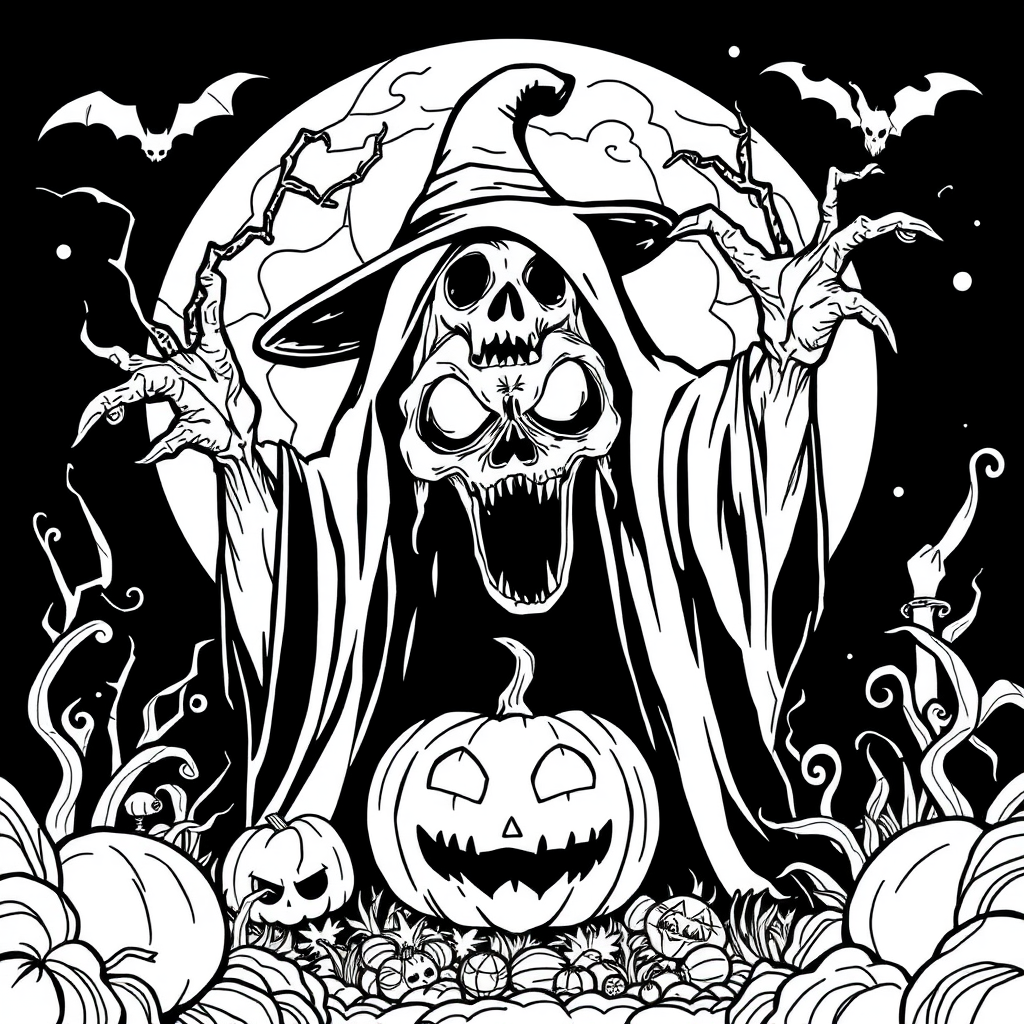 A spooky Halloween coloring page for kids.