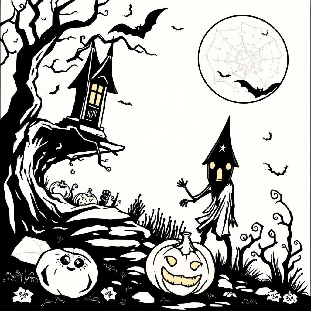 A spooky Halloween coloring page with vector art.