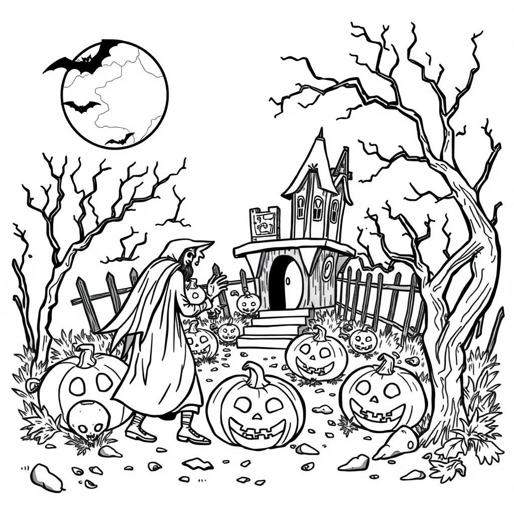 A spooky Halloween coloring page with vectorized drawing.