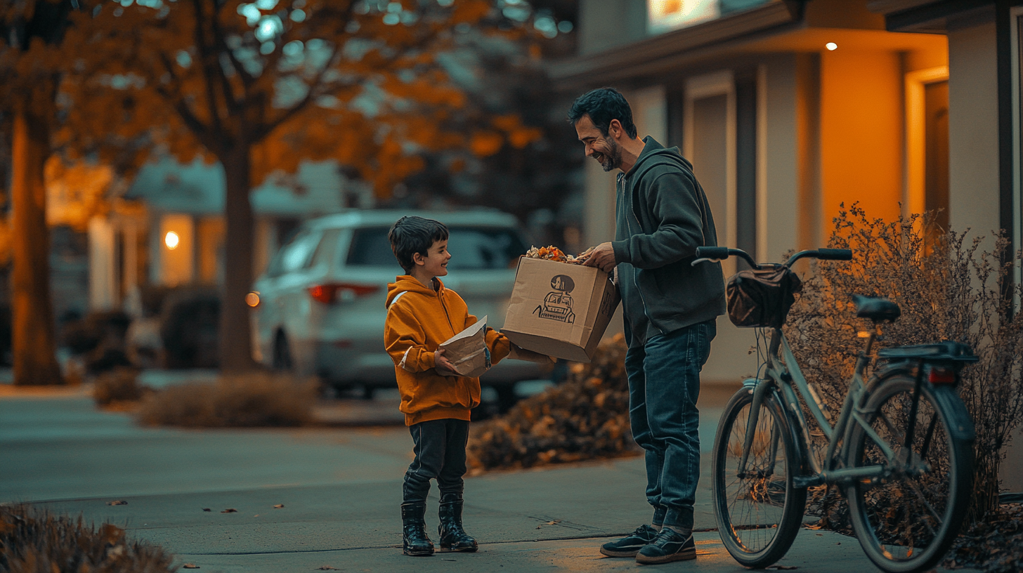 A spooky Halloween night: Dad, son, and Uber delivery.