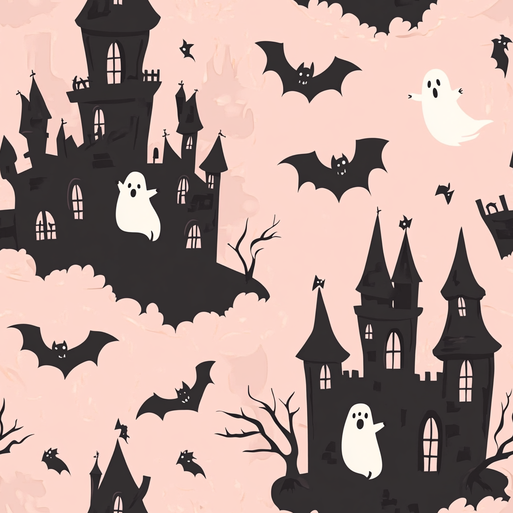 A spooky Halloween pattern with chubby ghost and bats