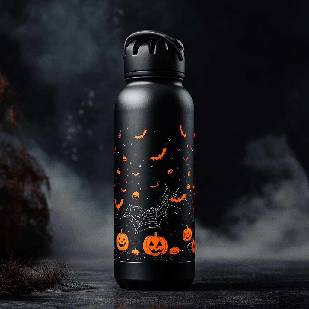 A spooky black Halloween-themed water bottle