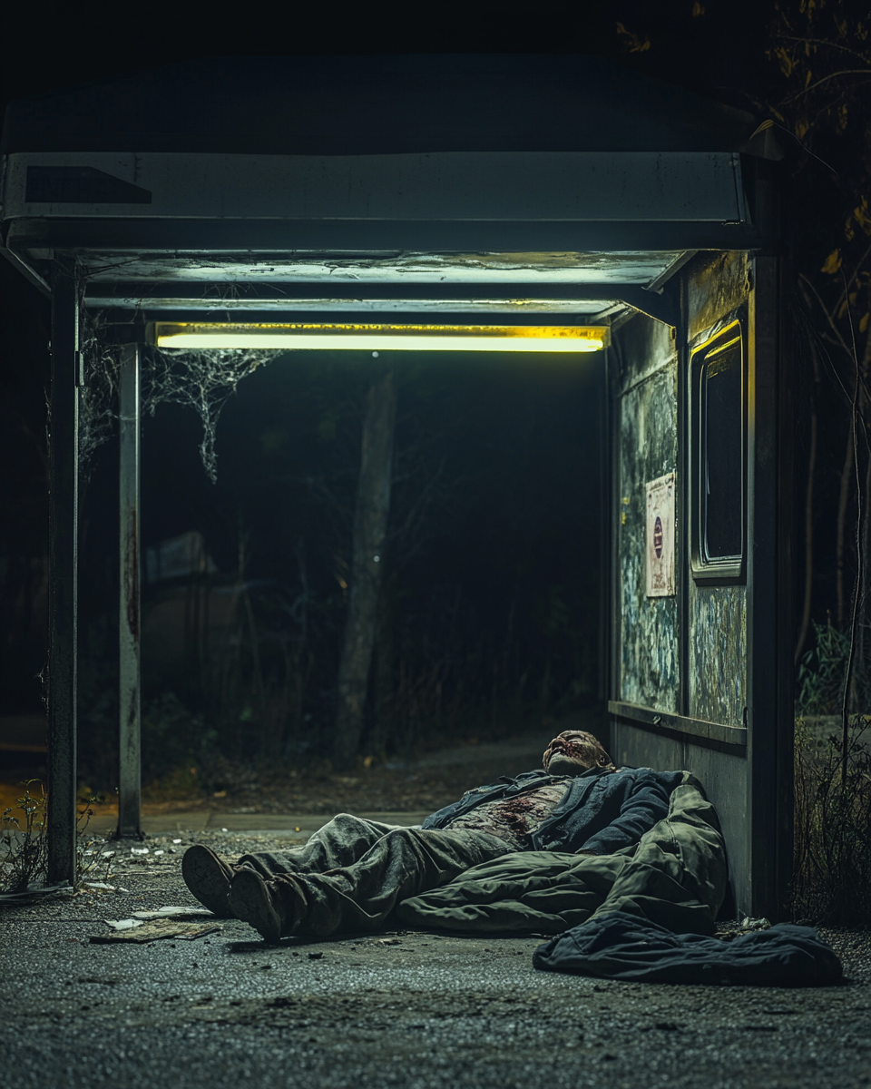 A spooky bus stop at night with a sleeping zombie