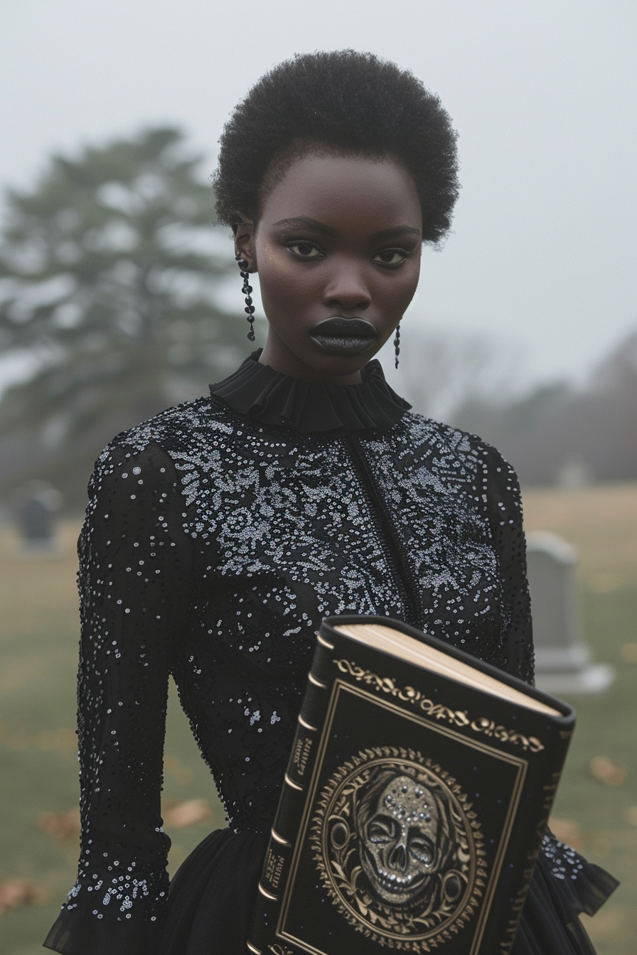 A spooky fashion model in cemetery at night