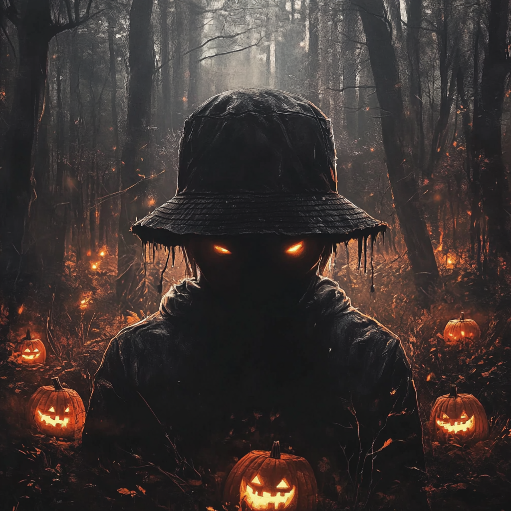 A spooky figure with large hat in dark forest.