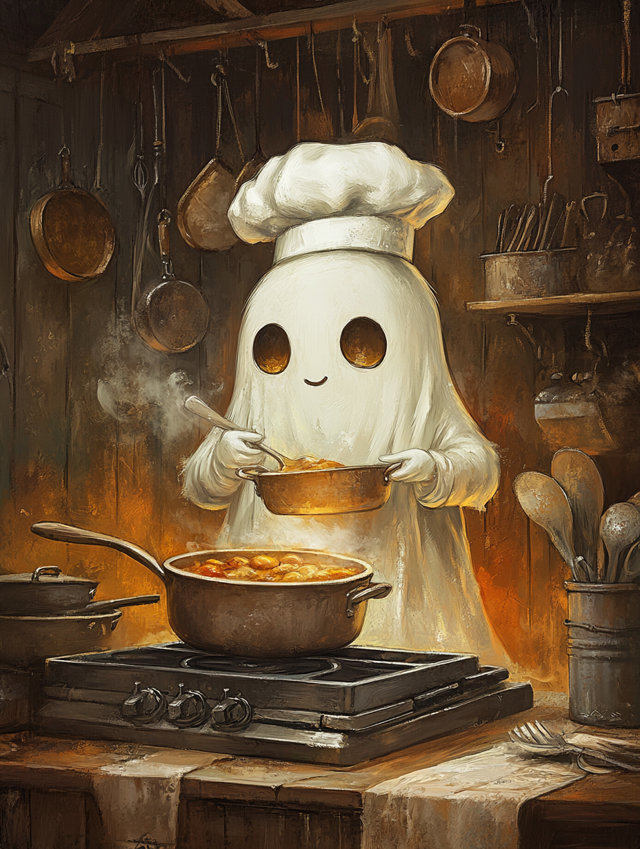 A spooky ghost cooking in a kitchen.