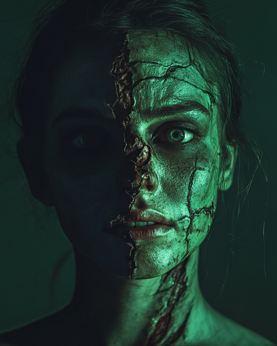 A spooky green zombie portrait in dramatic lighting