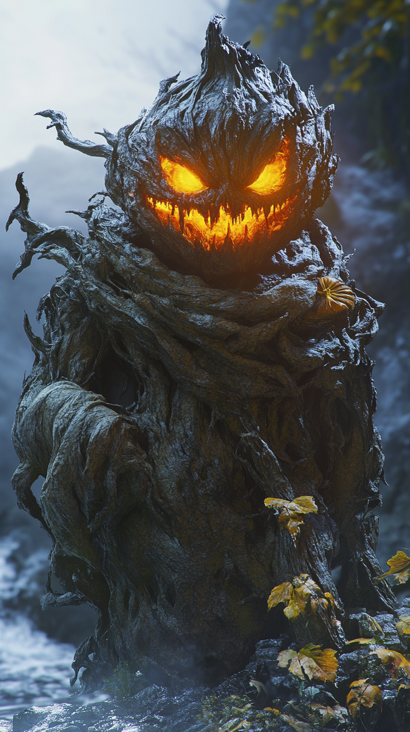 A spooky pumpkin monster in a mythical landscape