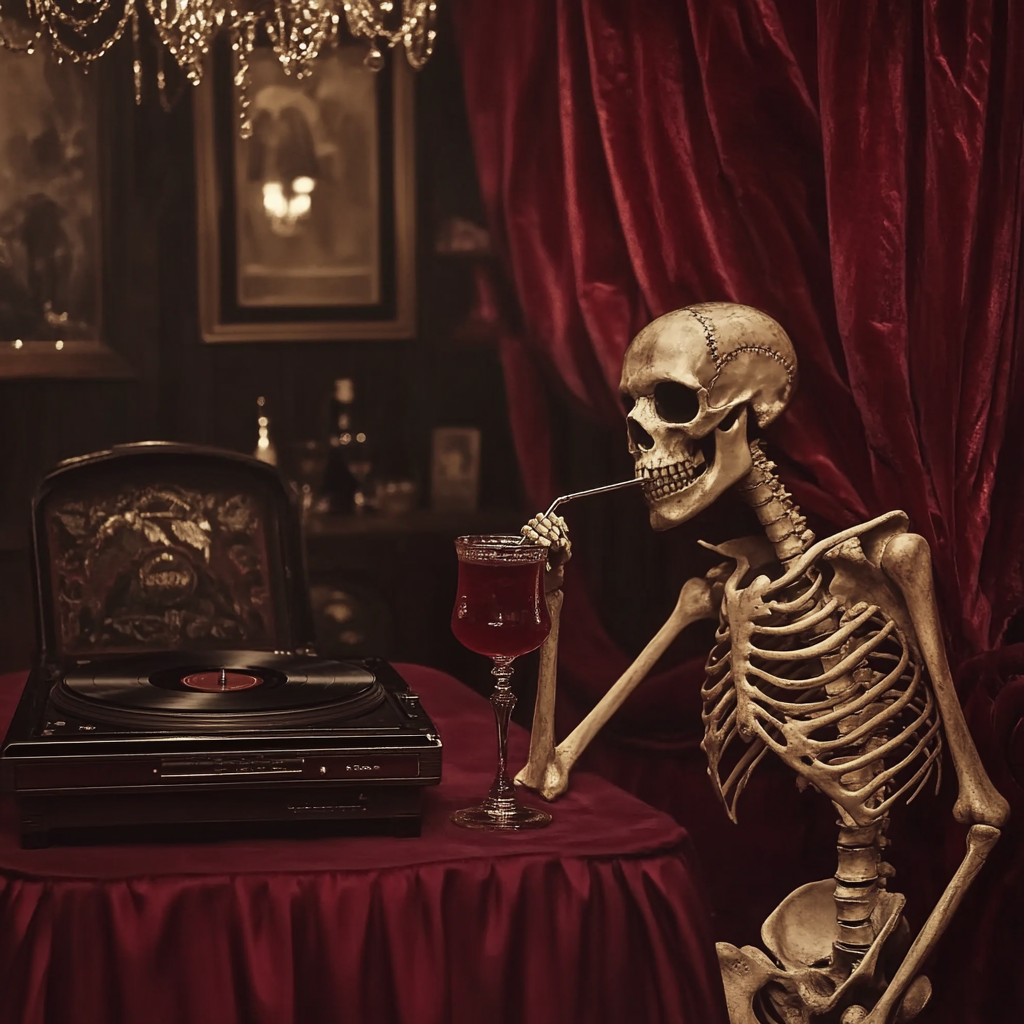 A spooky skeleton enjoys a cocktail at jazz bar.