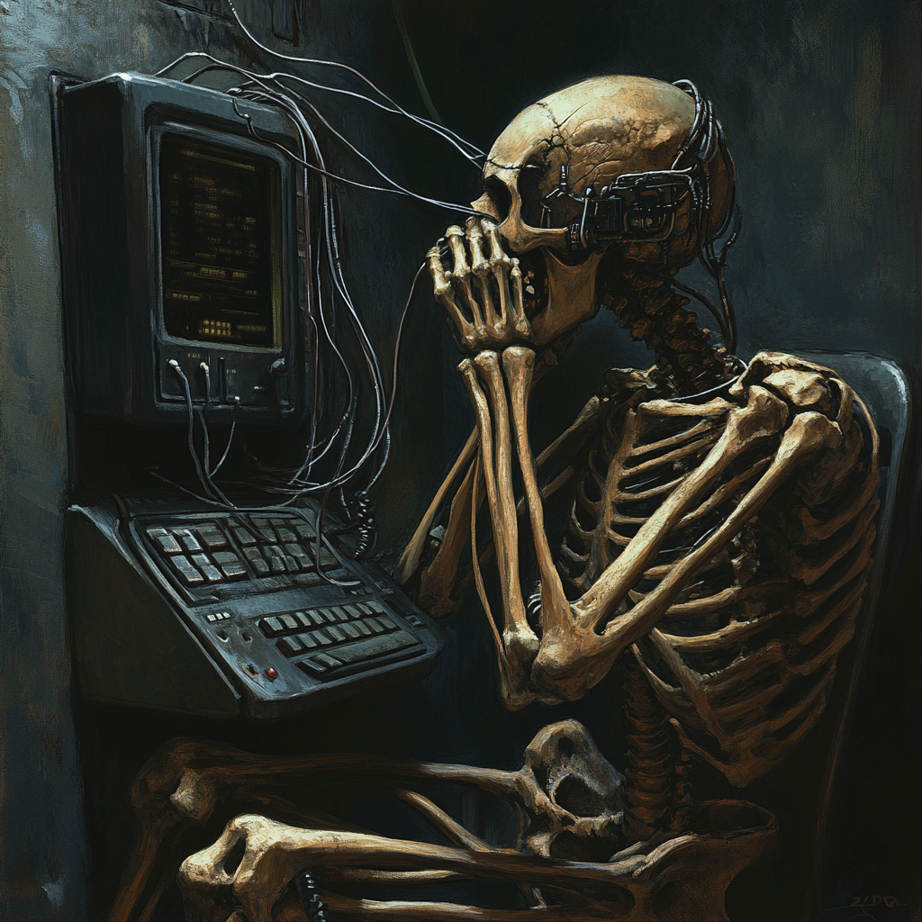 A spooky skeleton in dark room with dial-up.