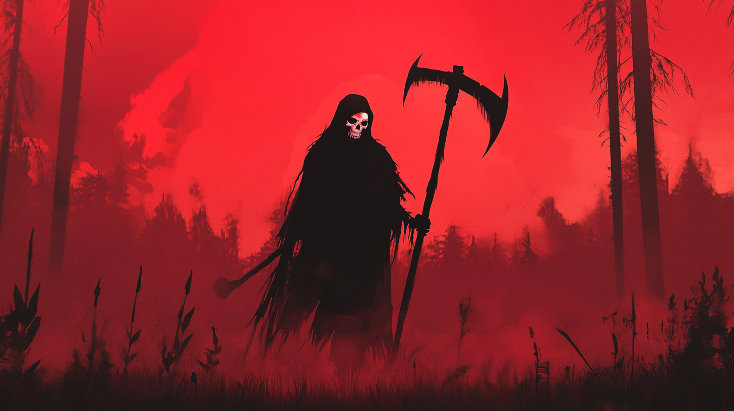 A spooky skeleton with scythe in eerie mist.