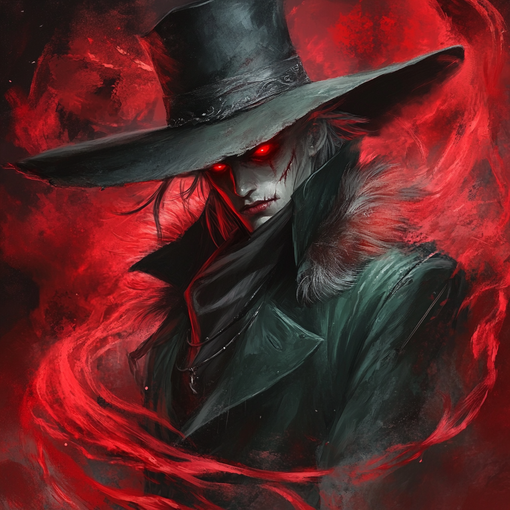 A spooky vampire in a black hat.