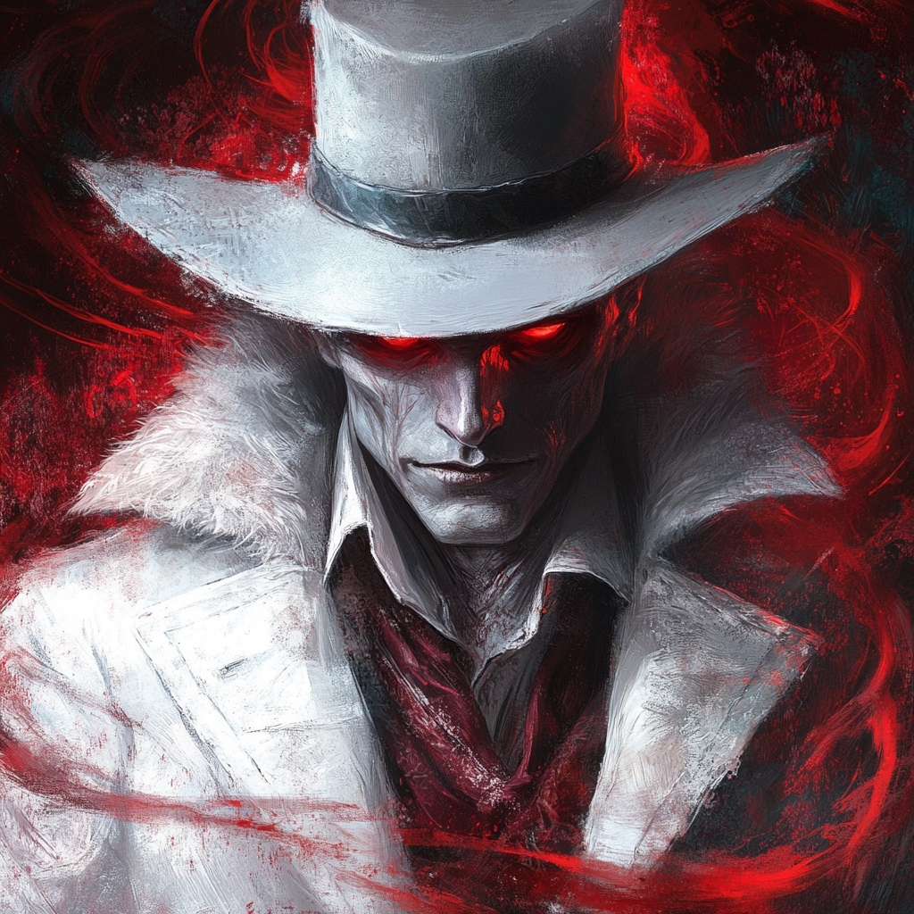 A spooky vampire with white hat and coat.