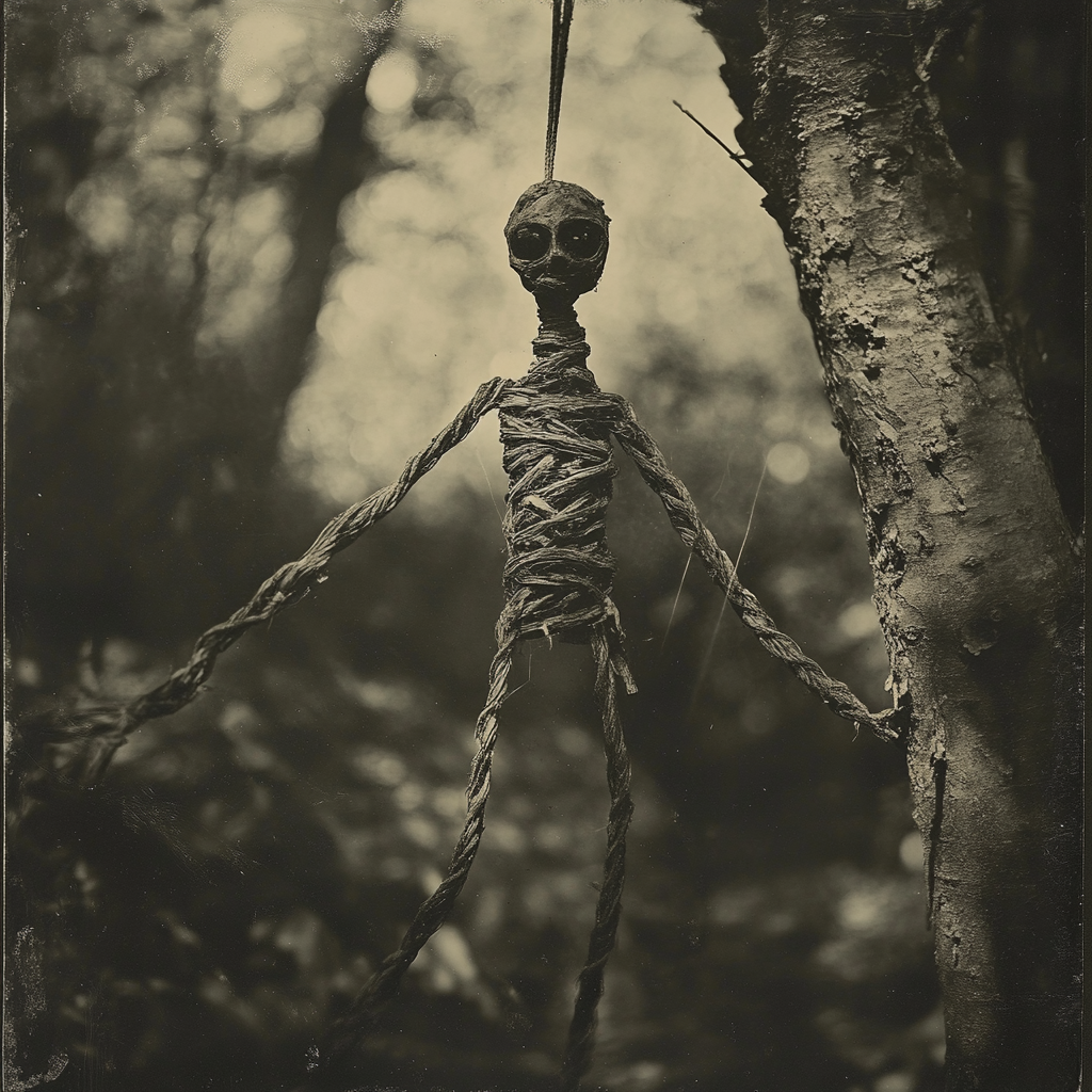 A spooky wooden figure hanging in forest at night