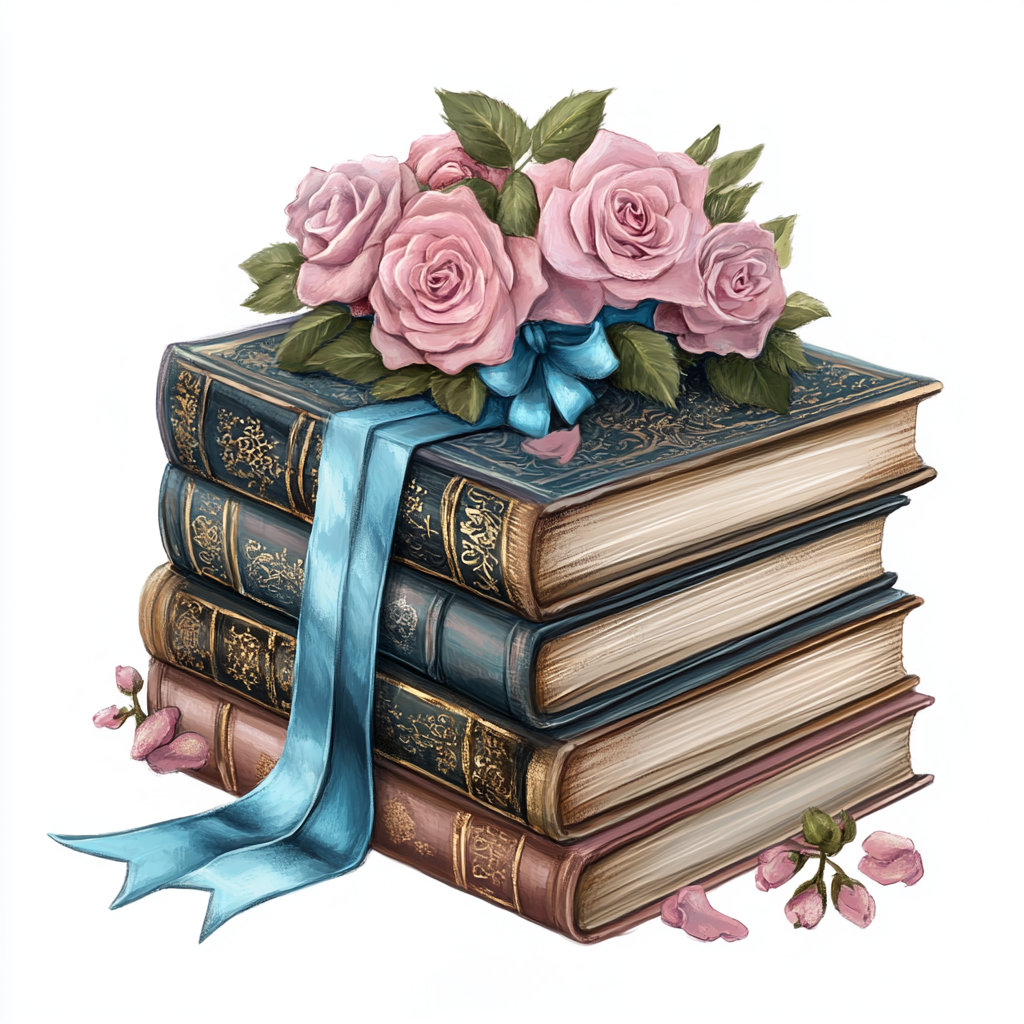 A stack of books with blue ribbon and roses.