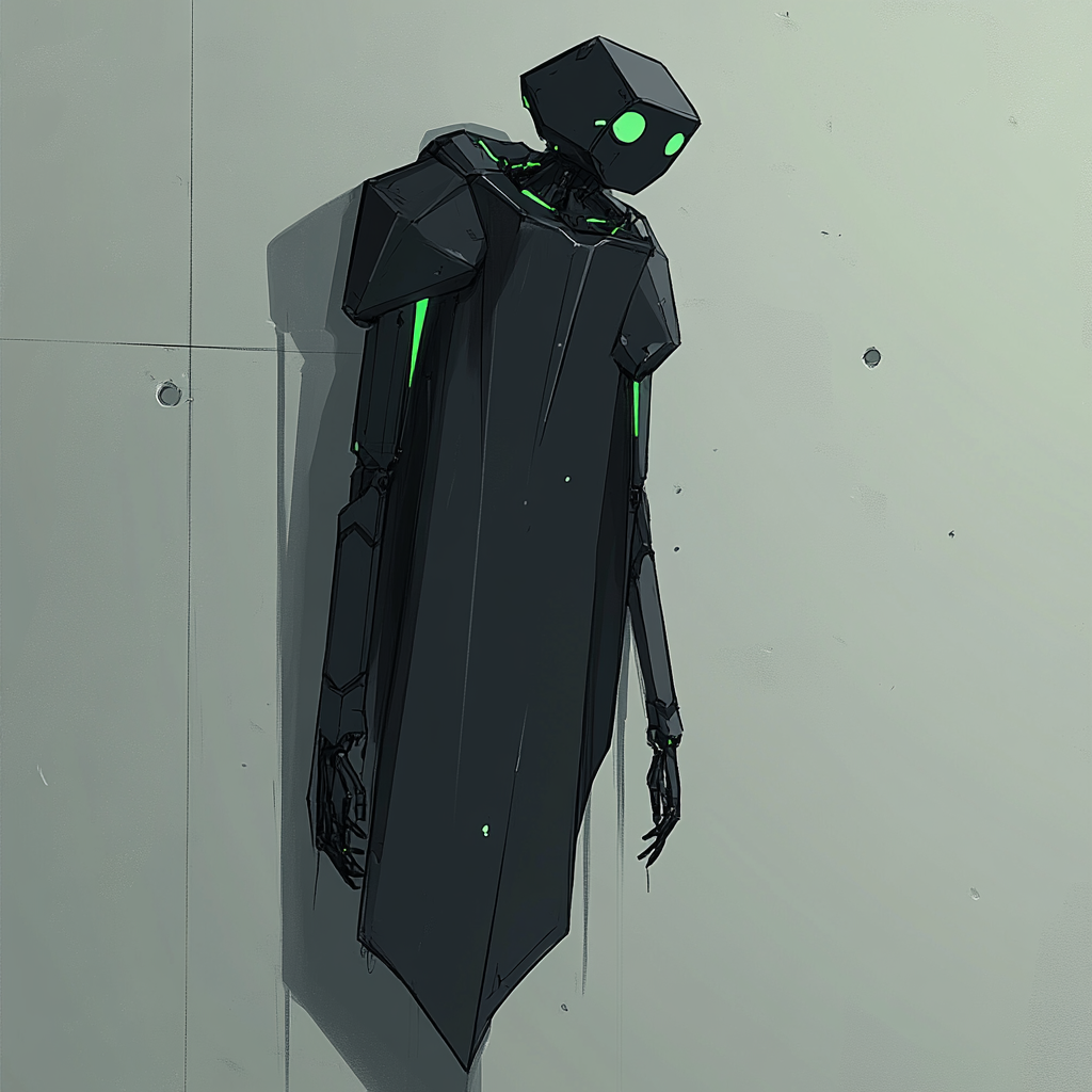 A stealthy 15ft tall mech with black hexagon cloak.