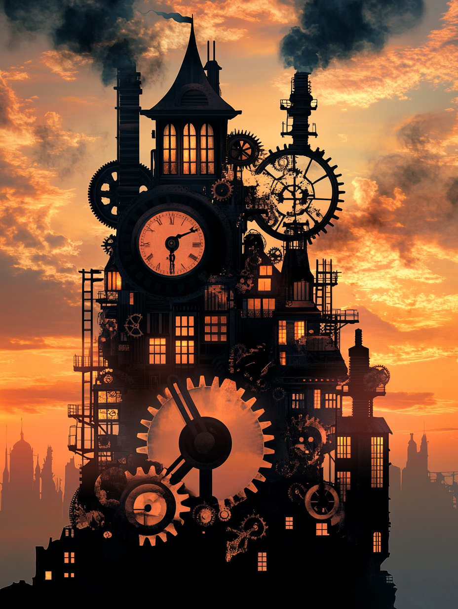 A steampunk building with gears and steam engine