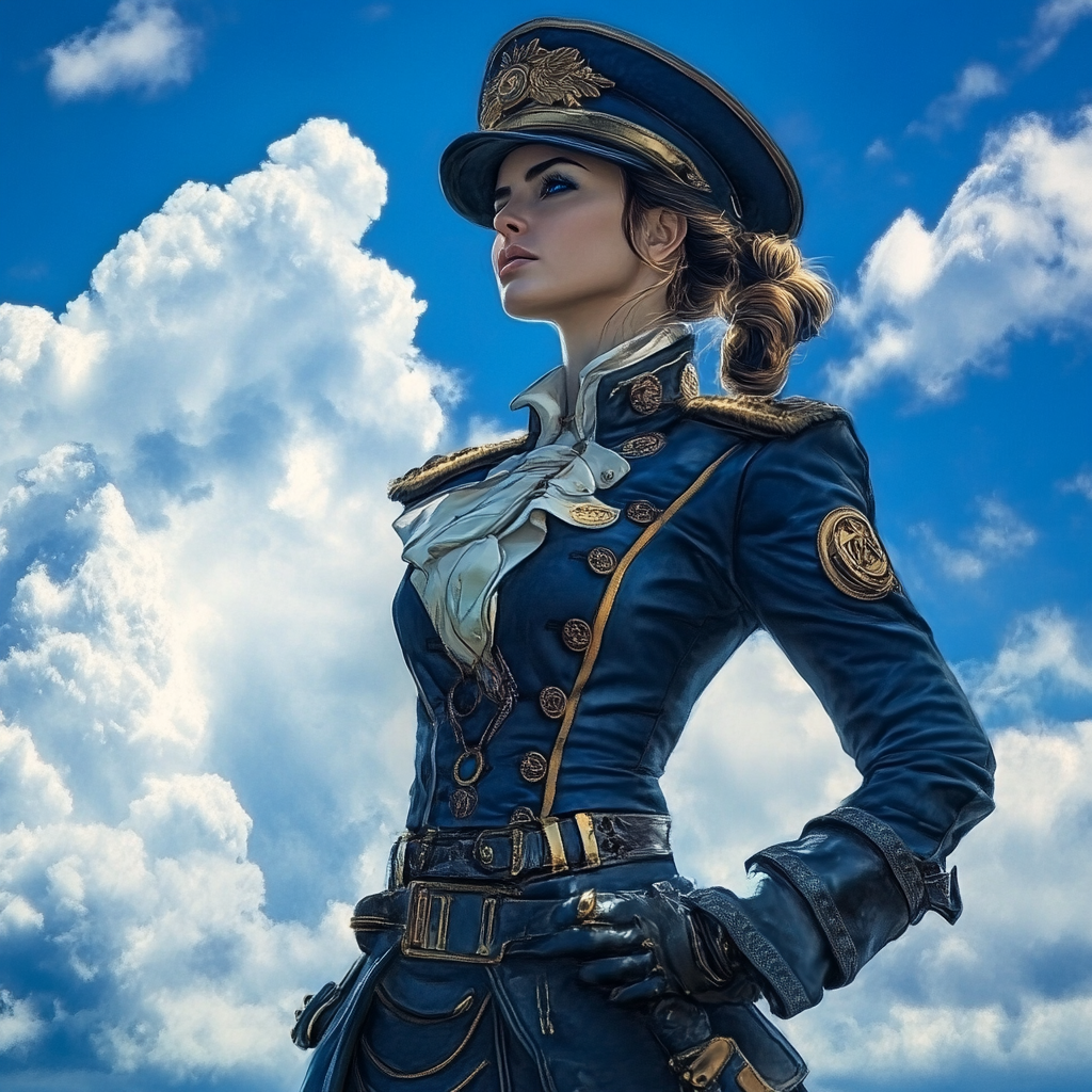 A steampunk female sailor in navy uniform poses