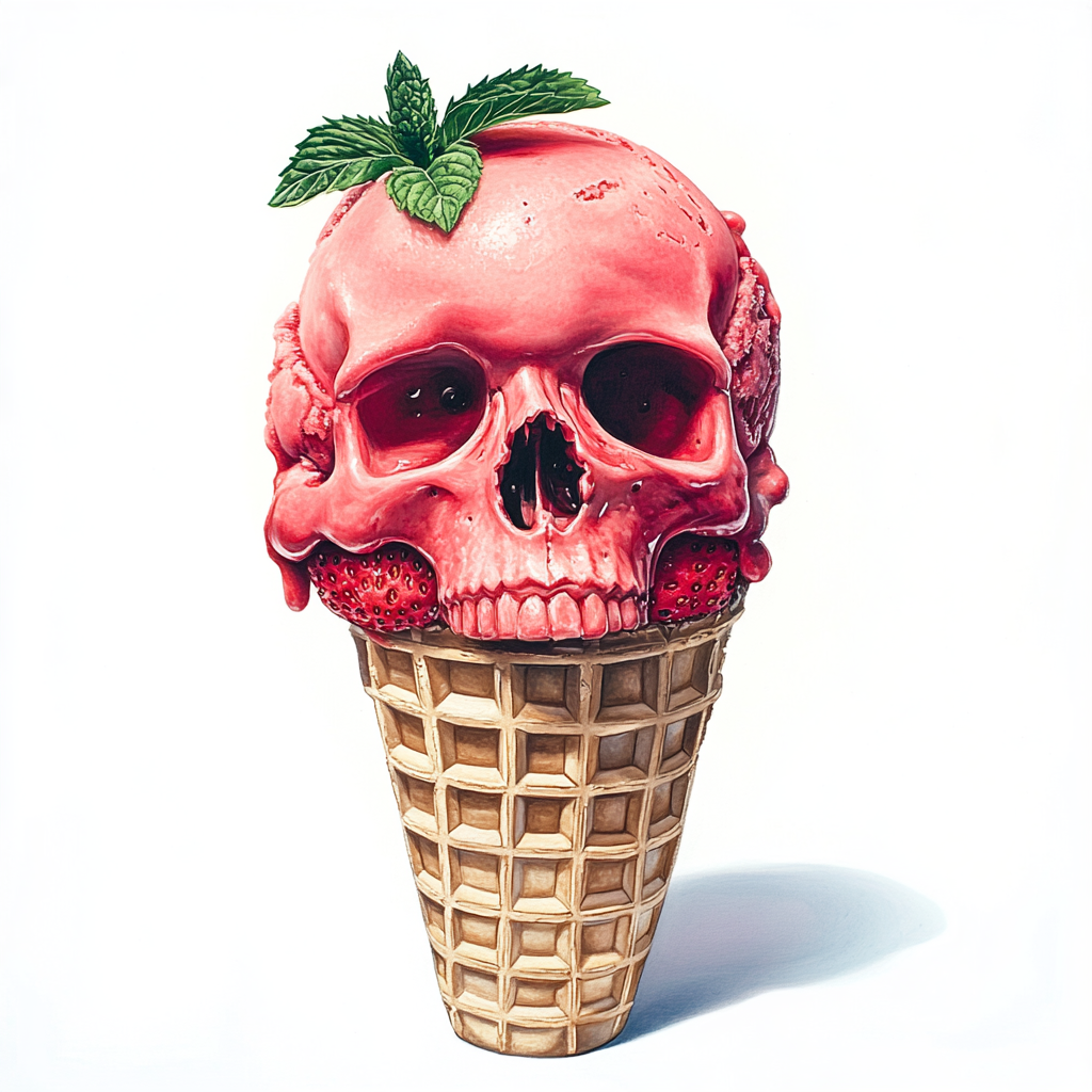 A strawberry skull ice cream in waffle cone.