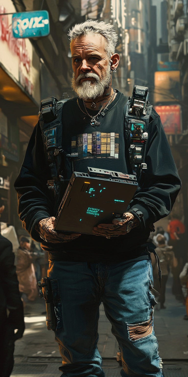 A street hacker with military laptop in futuristic city.