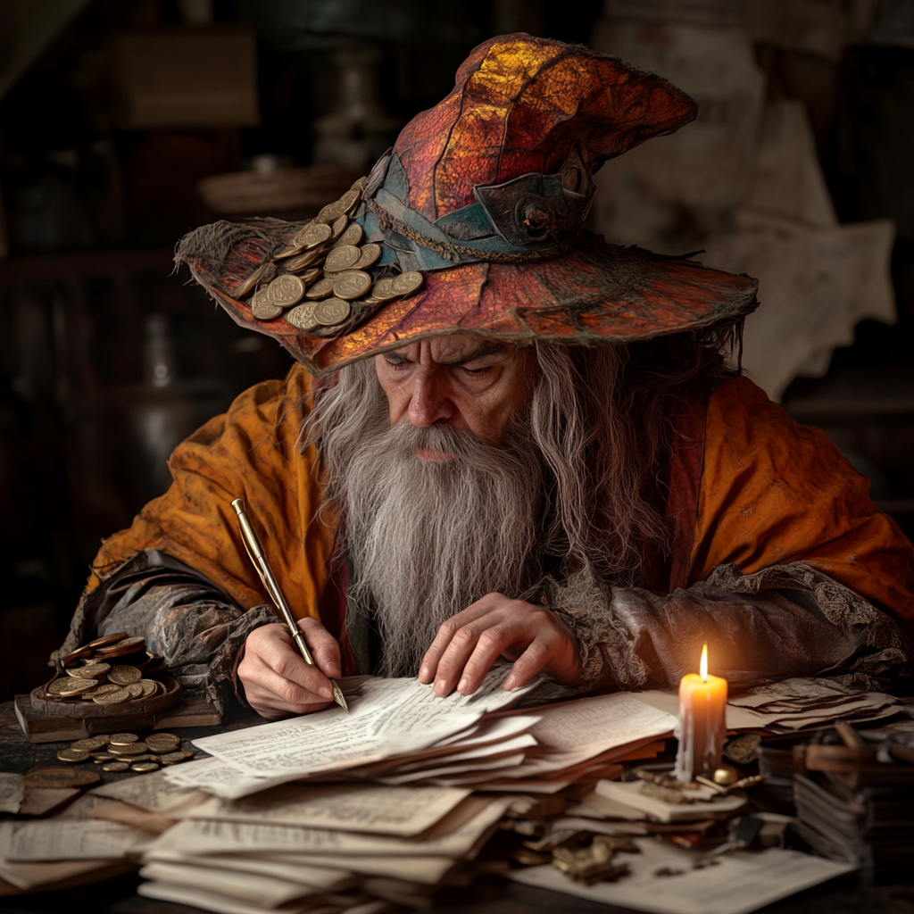 A stressed wizard in dusty room, sorting papers