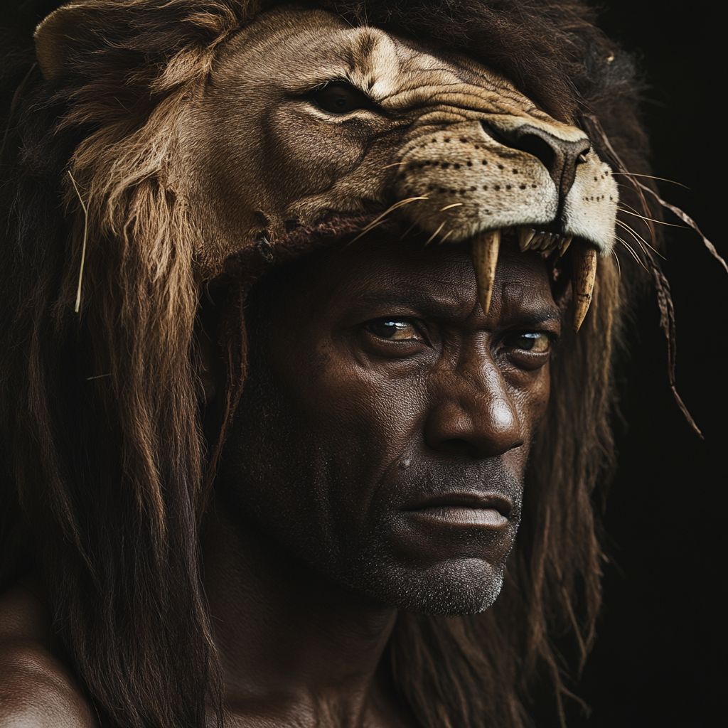 A strong African warrior with lion head dress