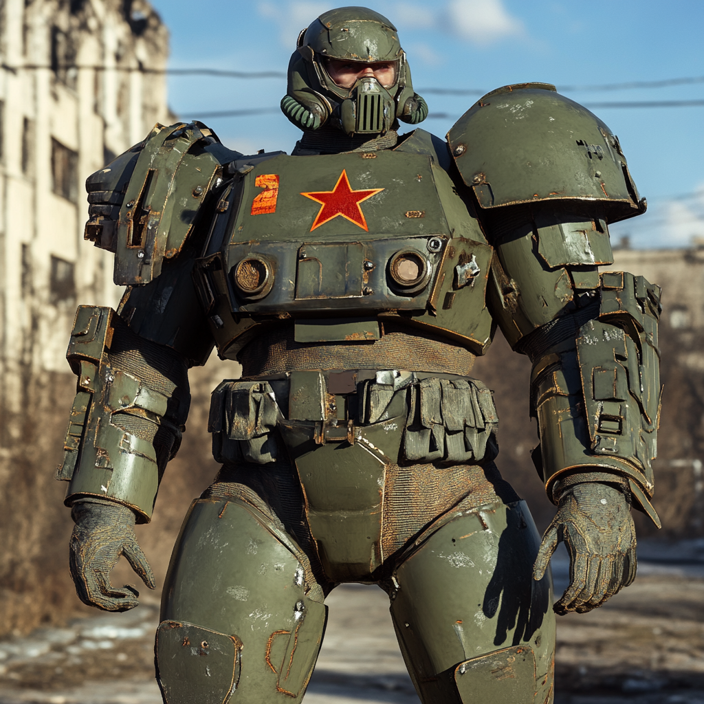 A strong Russian soldier in futuristic WW2 armor