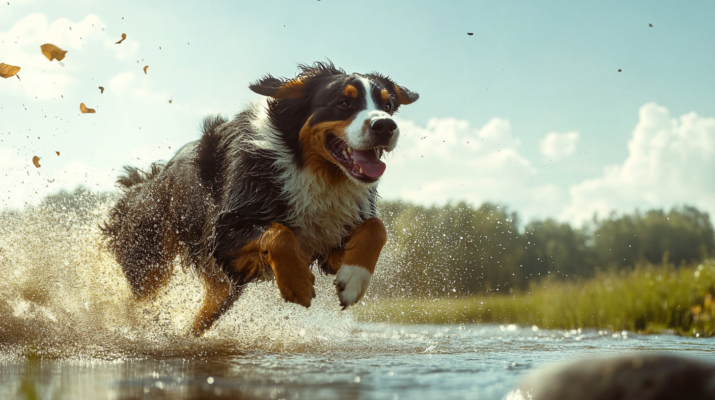 A strong bernese dog jumping rocks heroically.